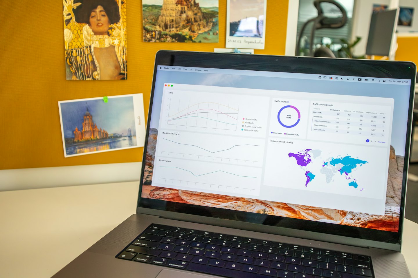 Laptop met een data-analyse dashboard op een bureau.